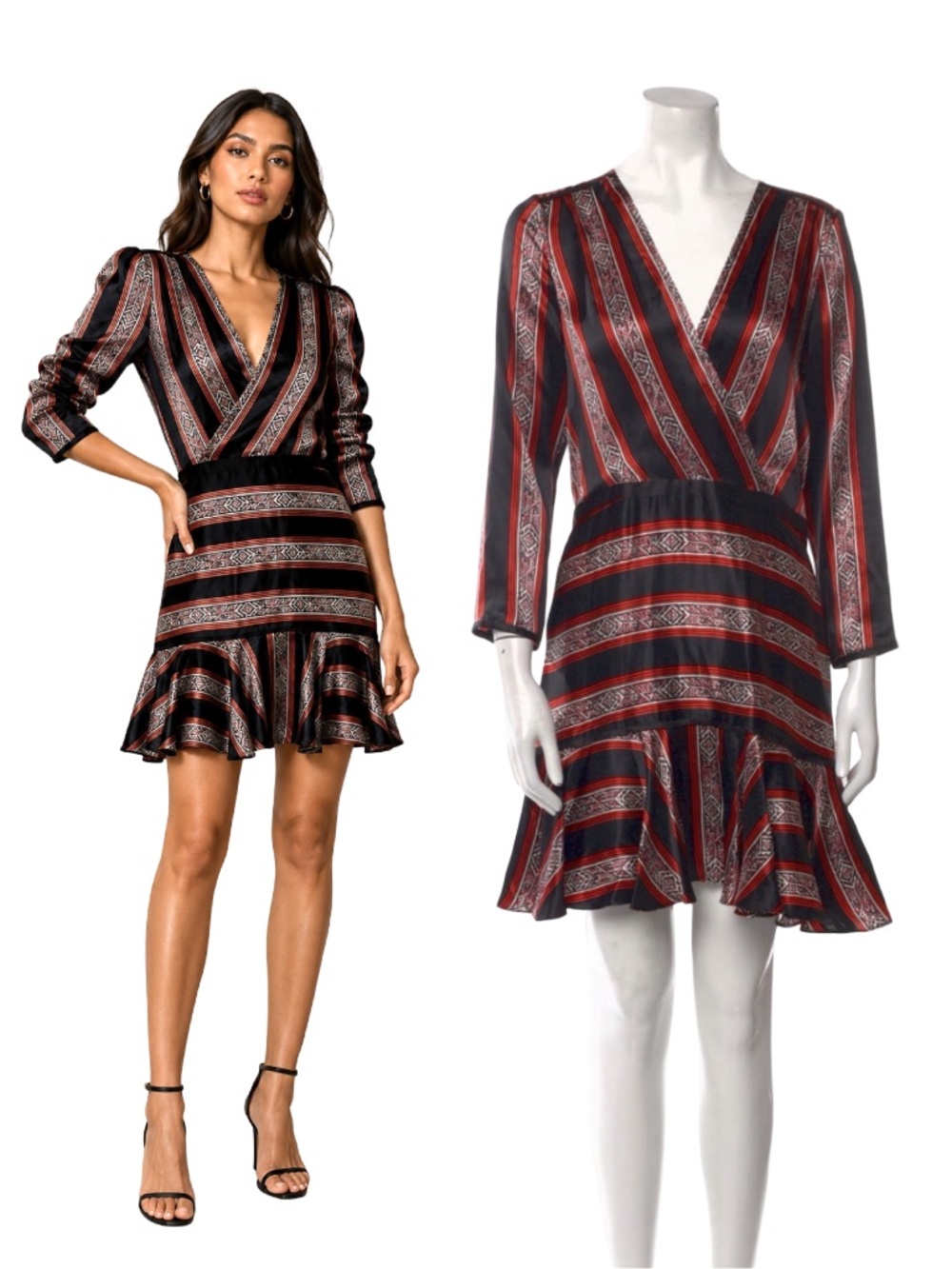 $598 Veronica Beard Silk Wrap Dress Size 4 Black Red Geometric Print Ruffle Hem
